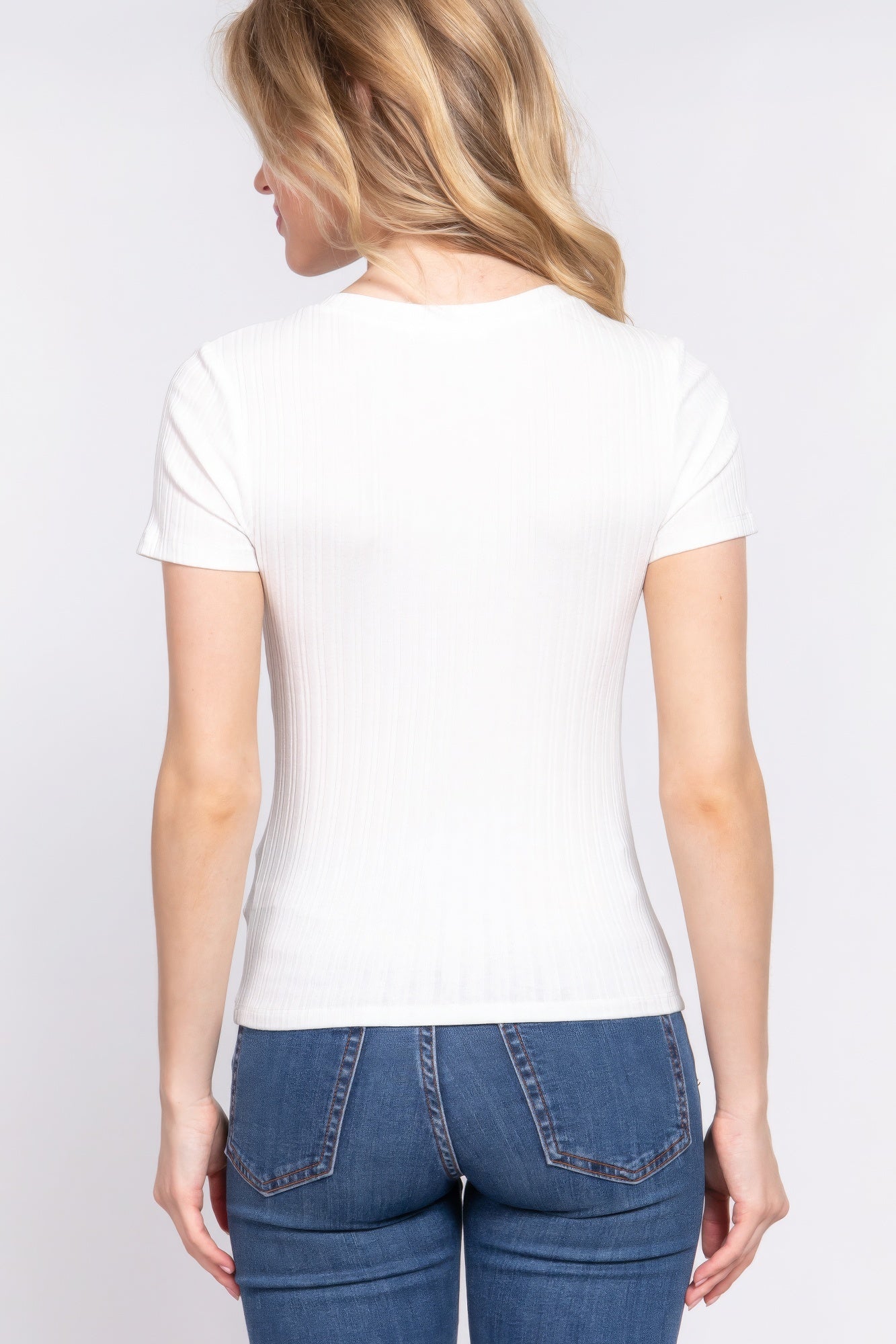 Short Sleeve Crew Neck Variegated Rib Knit Top