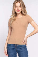 Short Sleeve Crew Neck Variegated Rib Knit Top