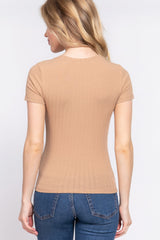 Short Sleeve Crew Neck Variegated Rib Knit Top