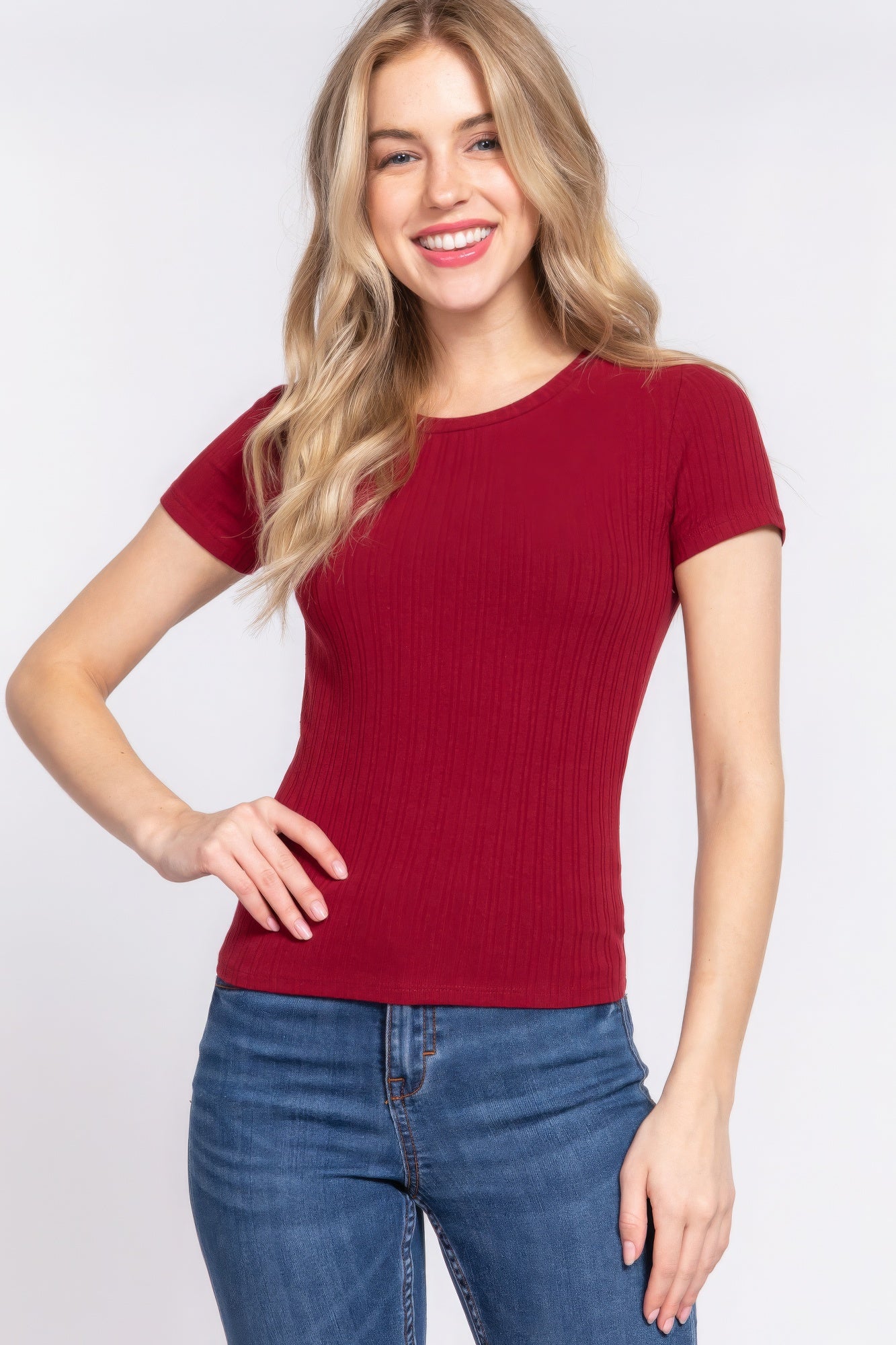 Short Sleeve Crew Neck Variegated Rib Knit Top