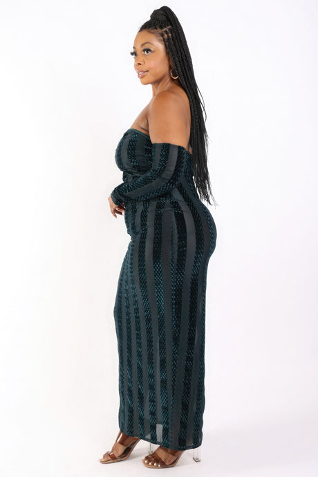 Hunter Green Striped Velvet Off Shoulder Dress