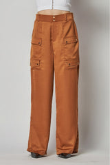 Mocha Satin Cargo Pocket Wide Leg Pants