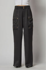 Black Satin Cargo Pocket Wide Leg Pants