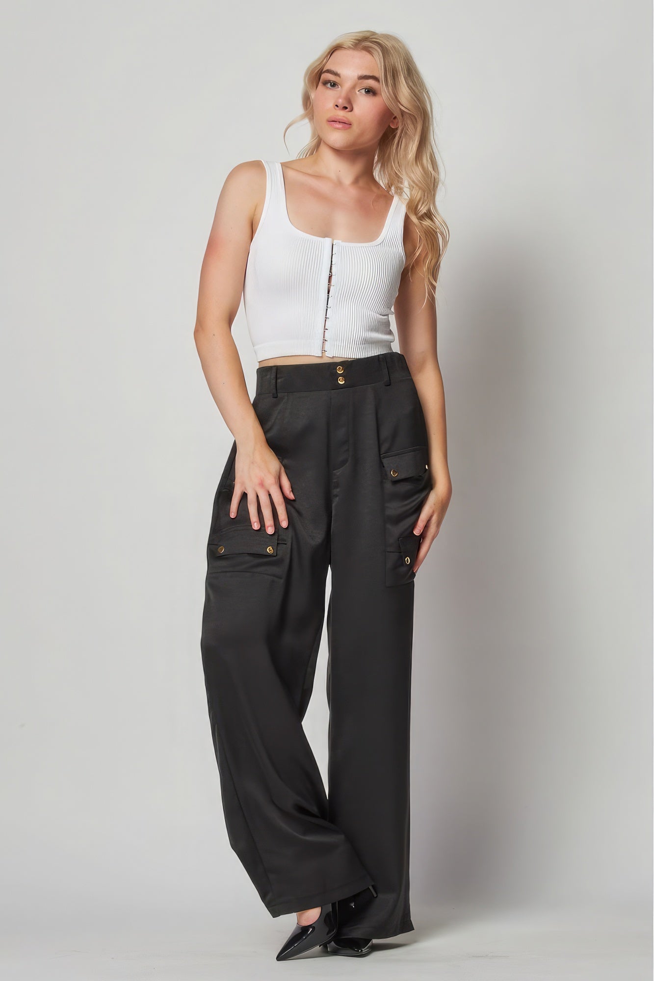 Black Satin Cargo Pocket Wide Leg Pants