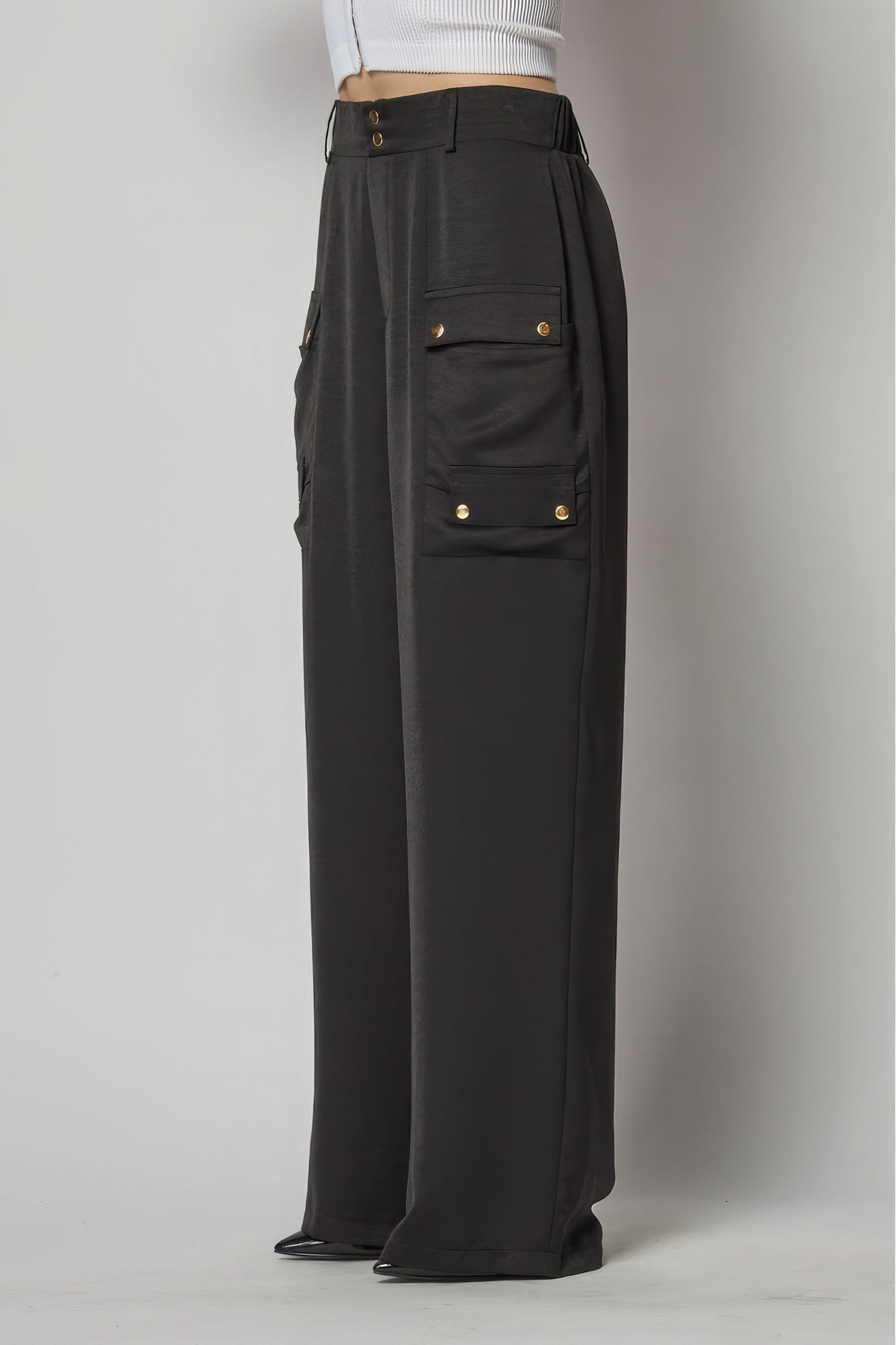 Black Satin Cargo Pocket Wide Leg Pants