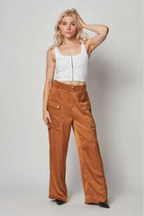 Mocha Satin Cargo Pocket Wide Leg Pants