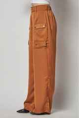 Mocha Satin Cargo Pocket Wide Leg Pants