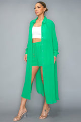 Mint Green Chiffon Button Down Long Sleeve Side Slit Long Top With Short Set