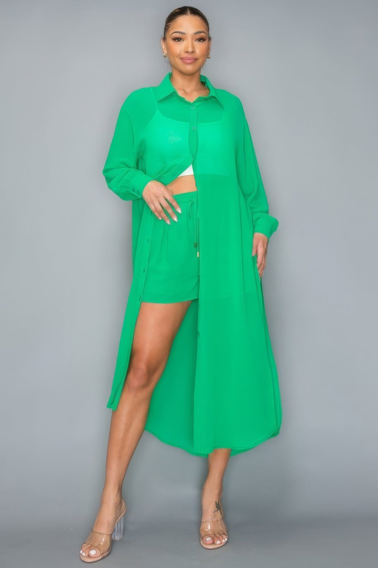 Mint Green Chiffon Button Down Long Sleeve Side Slit Long Top With Short Set