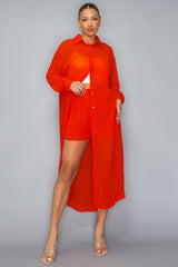 Red Chiffon Button Down Long Sleeve Side Slit Long Top With Short Set