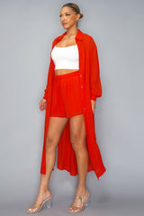 Red Chiffon Button Down Long Sleeve Side Slit Long Top With Short Set