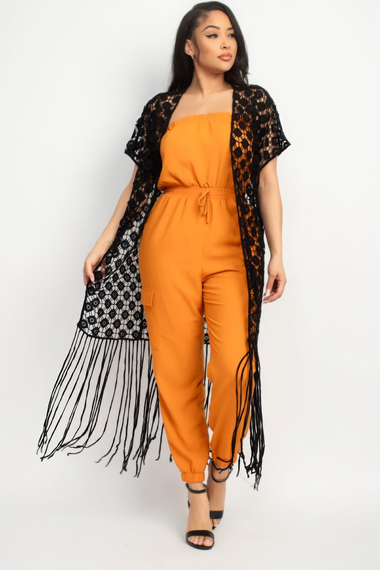 Black Crocheted Open-front Fringe Kimono