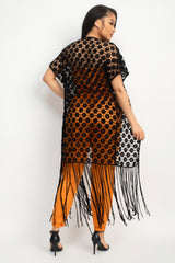 Black Crocheted Open-front Fringe Kimono