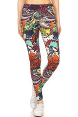 Yoga Style Banded Lined Multicolored Mixed Paisley Print Full Length Leggings