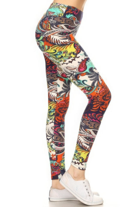 Yoga Style Banded Lined Multicolored Mixed Paisley Print Full Length Leggings