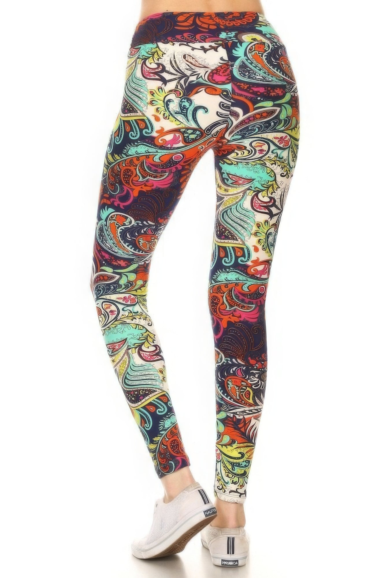 Yoga Style Banded Lined Multicolored Mixed Paisley Print Full Length Leggings