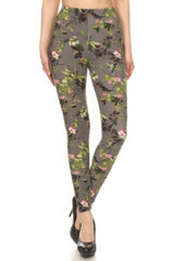 Grey Floral Printed High Waisted Leggings With An Elastic Waist