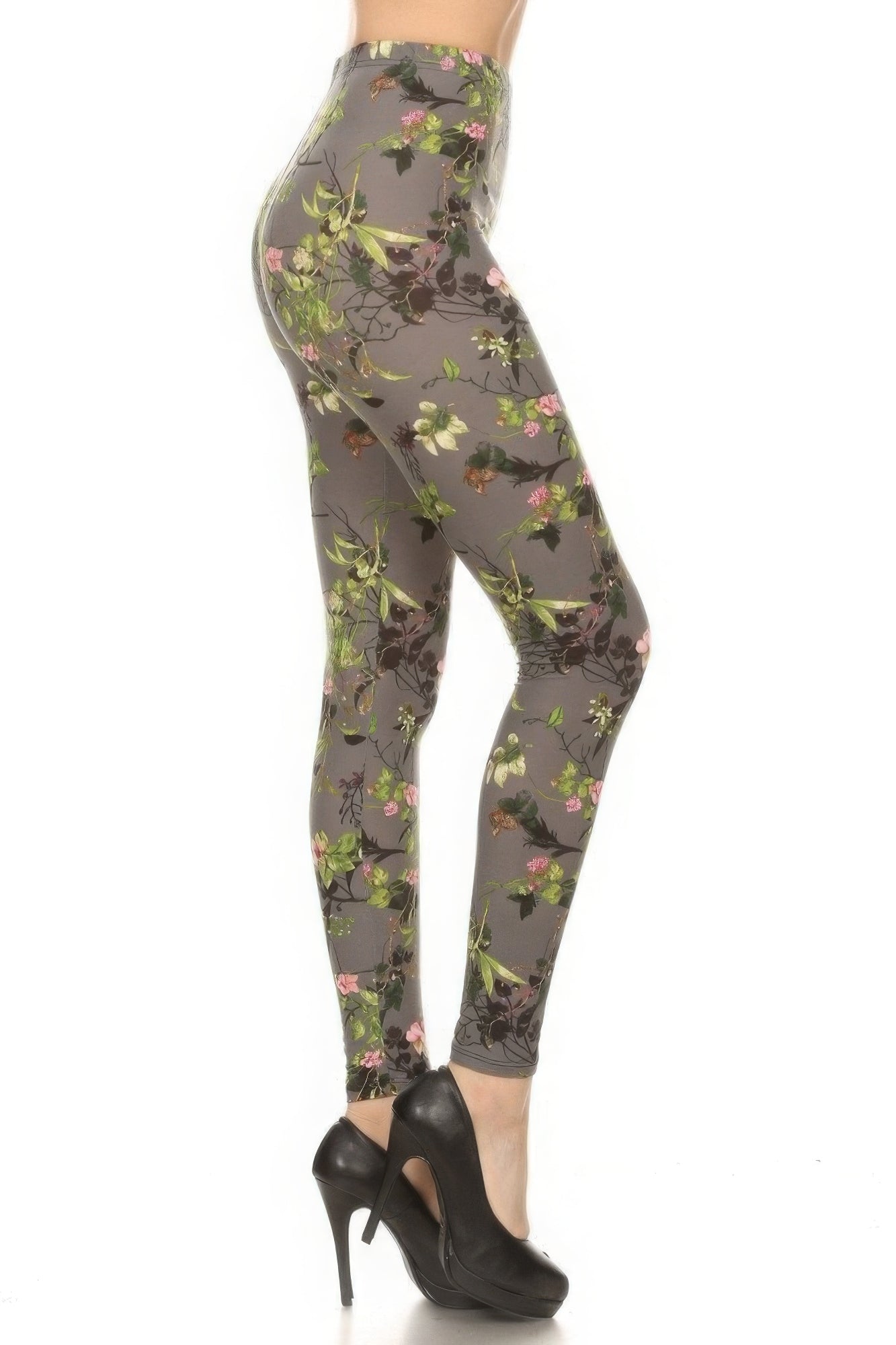 Grey Floral Printed High Waisted Leggings With An Elastic Waist