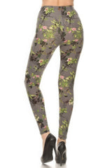 Grey Floral Printed High Waisted Leggings With An Elastic Waist