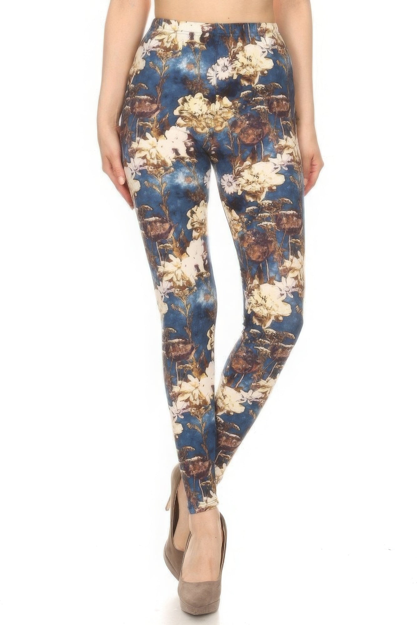 Blue Floral Printed High Waisted Leggings With An Elastic Waist