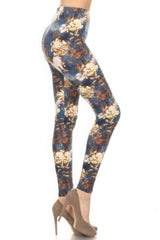 Blue Floral Printed High Waisted Leggings With An Elastic Waist