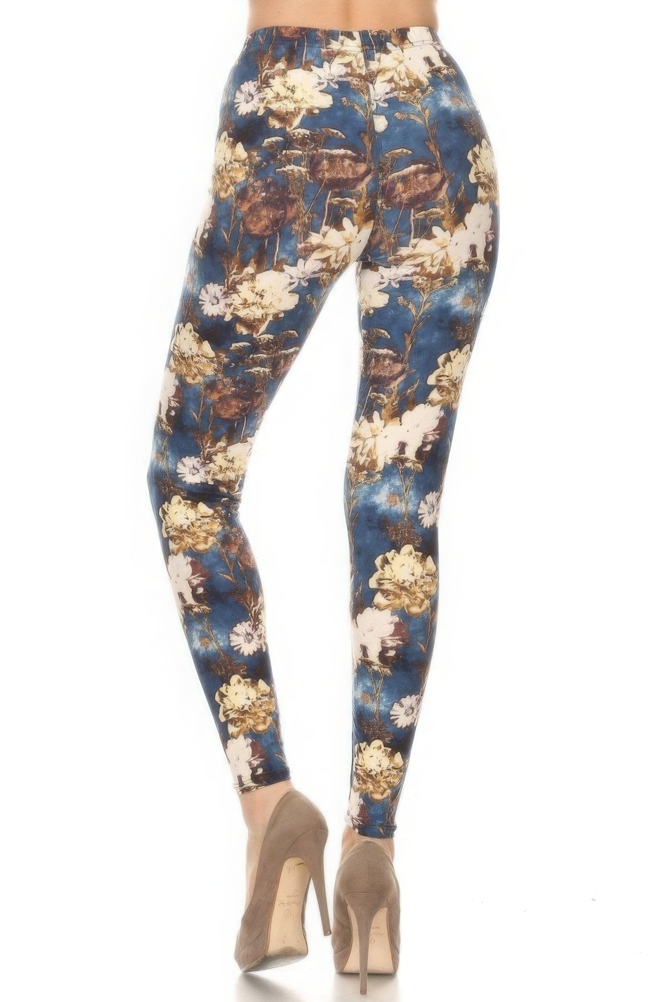 Blue Floral Printed High Waisted Leggings With An Elastic Waist