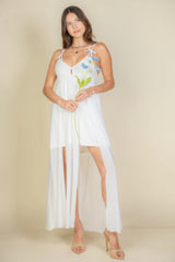 White Plunge Neck Split Thigh Mesh Maxi Dress