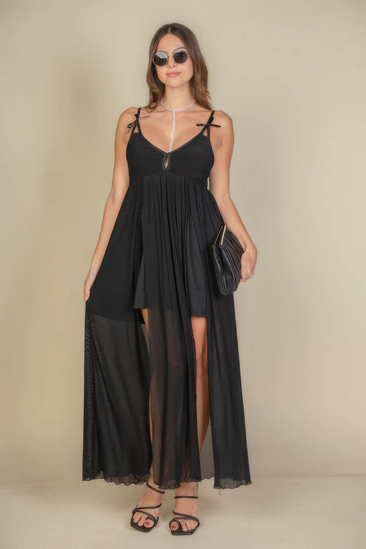 Black Plunge Neck Split Thigh Mesh Maxi Dress