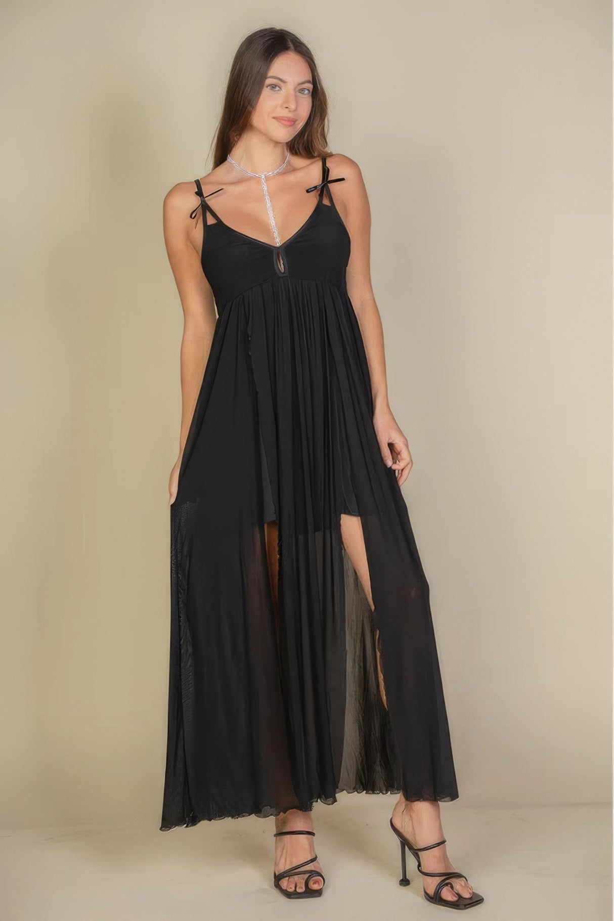 Black Plunge Neck Split Thigh Mesh Maxi Dress