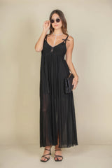 Black Plunge Neck Split Thigh Mesh Maxi Dress