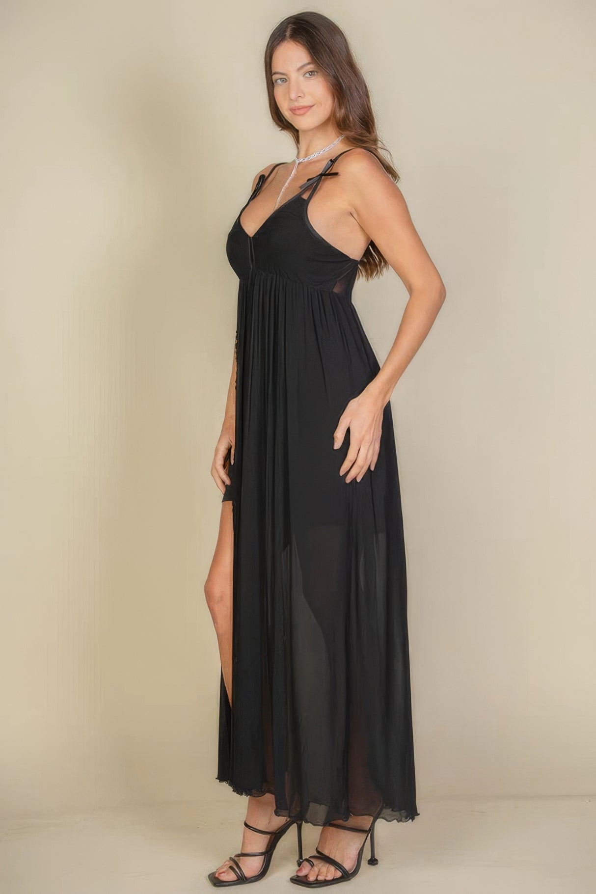 Black Plunge Neck Split Thigh Mesh Maxi Dress