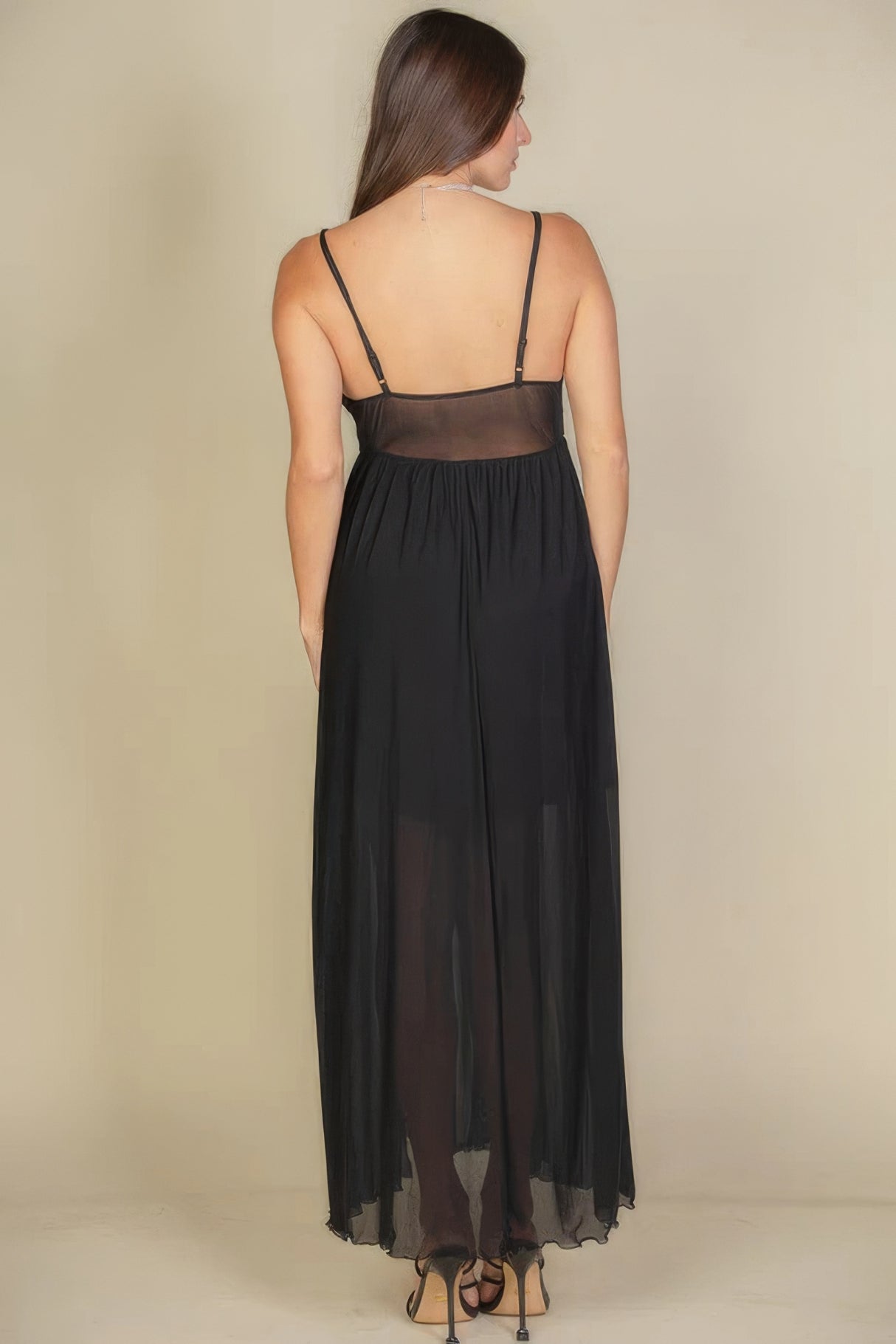 Black Plunge Neck Split Thigh Mesh Maxi Dress