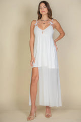 White Plunge Neck Split Thigh Mesh Maxi Dress