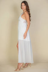 White Plunge Neck Split Thigh Mesh Maxi Dress