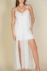 White Plunge Neck Split Thigh Mesh Maxi Dress