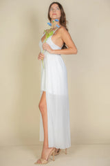 White Plunge Neck Split Thigh Mesh Maxi Dress