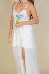 White Plunge Neck Split Thigh Mesh Maxi Dress