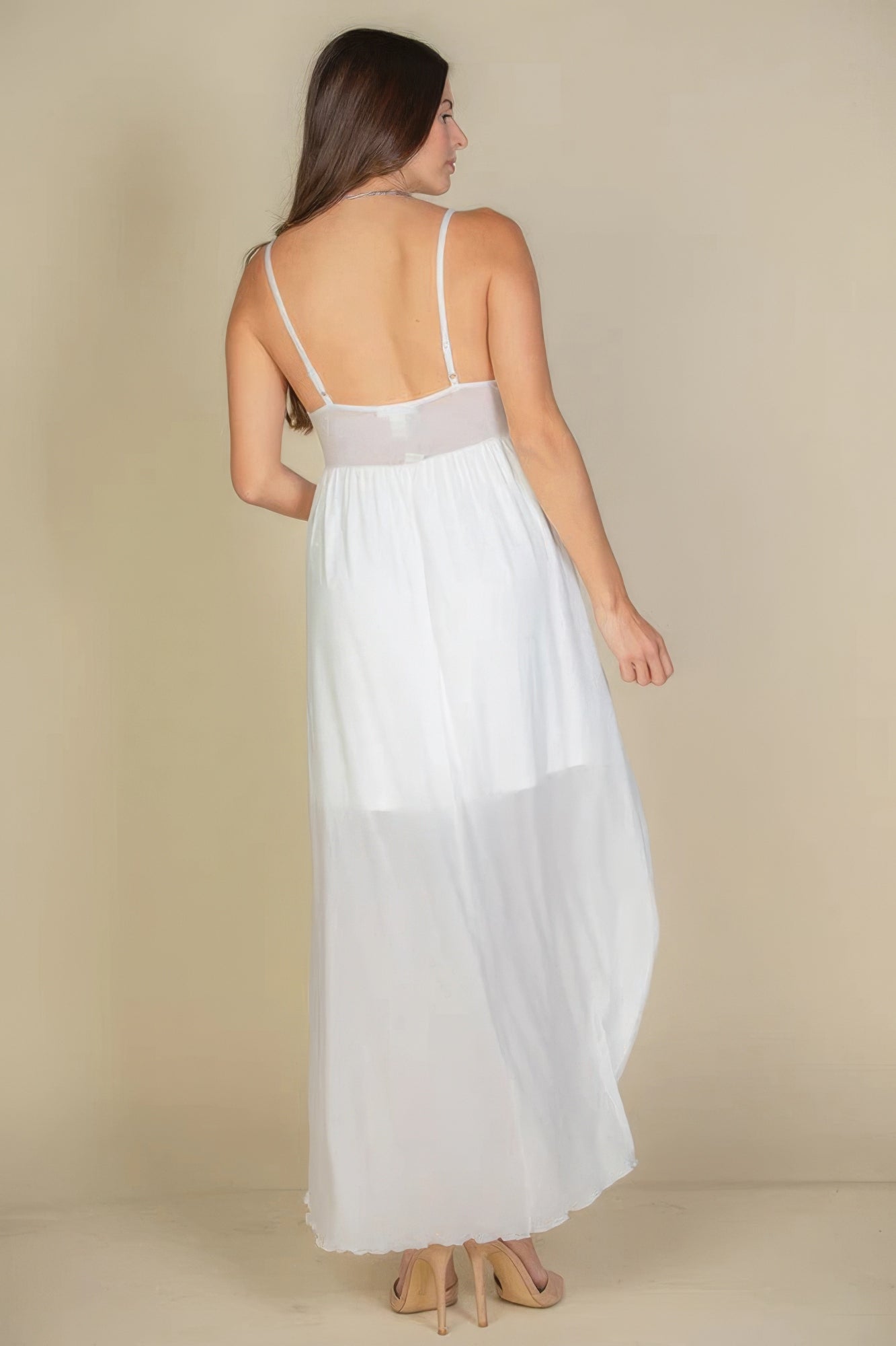 White Plunge Neck Split Thigh Mesh Maxi Dress