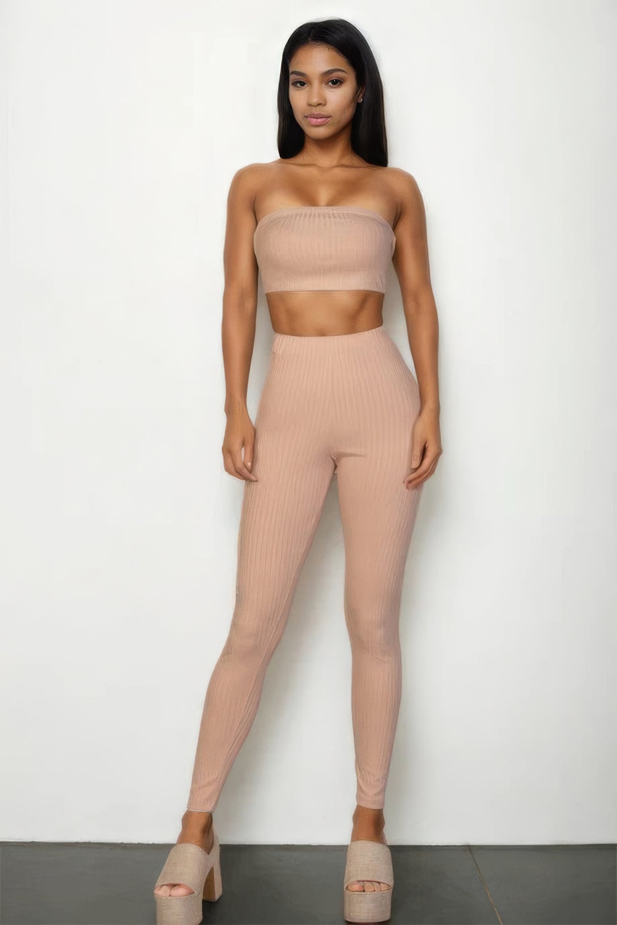 Khaki Ribbed Tube Top & Leggings Set