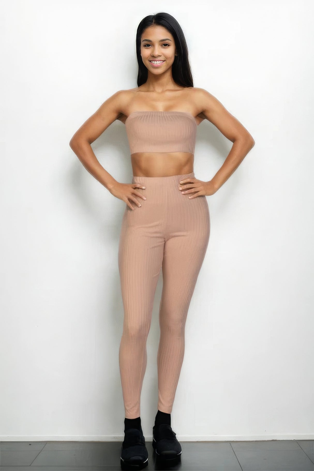 Khaki Ribbed Tube Top & Leggings Set