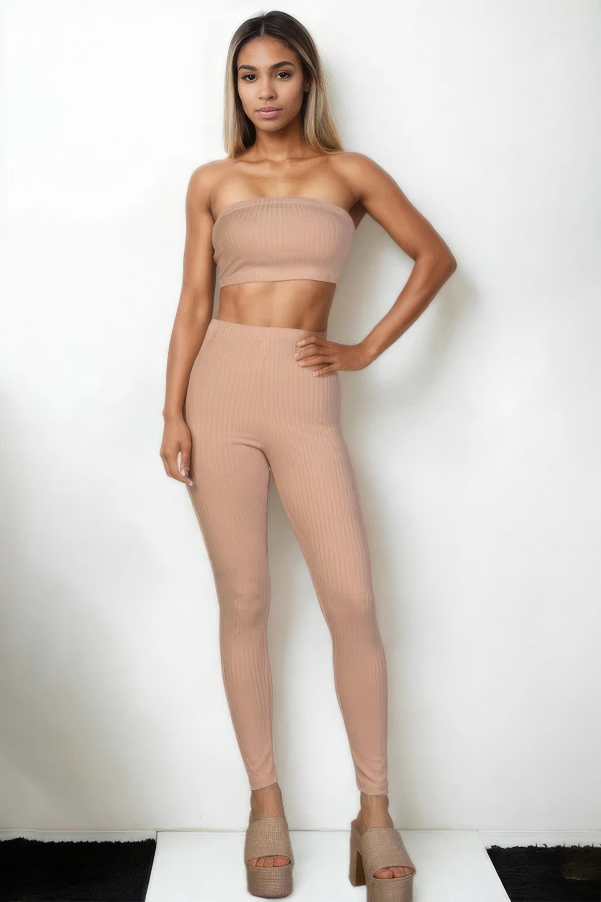 Khaki Ribbed Tube Top & Leggings Set