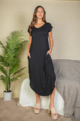 Black Hidden Pocket Batwing Sleeve V Neck Long Dress