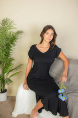 Black Hidden Pocket Batwing Sleeve V Neck Long Dress