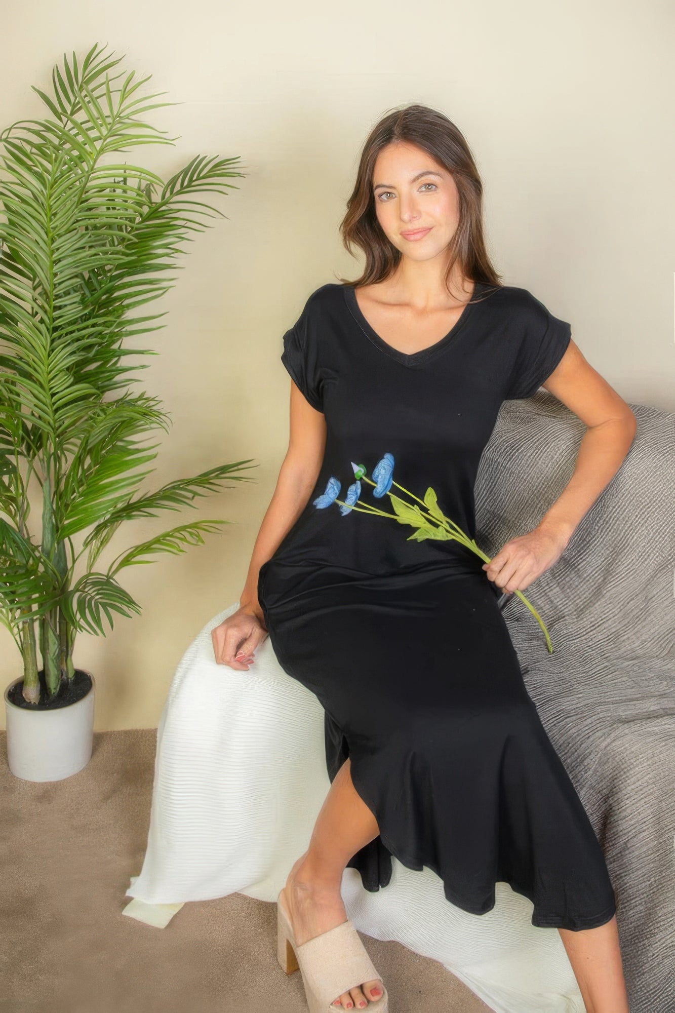 Black Hidden Pocket Batwing Sleeve V Neck Long Dress