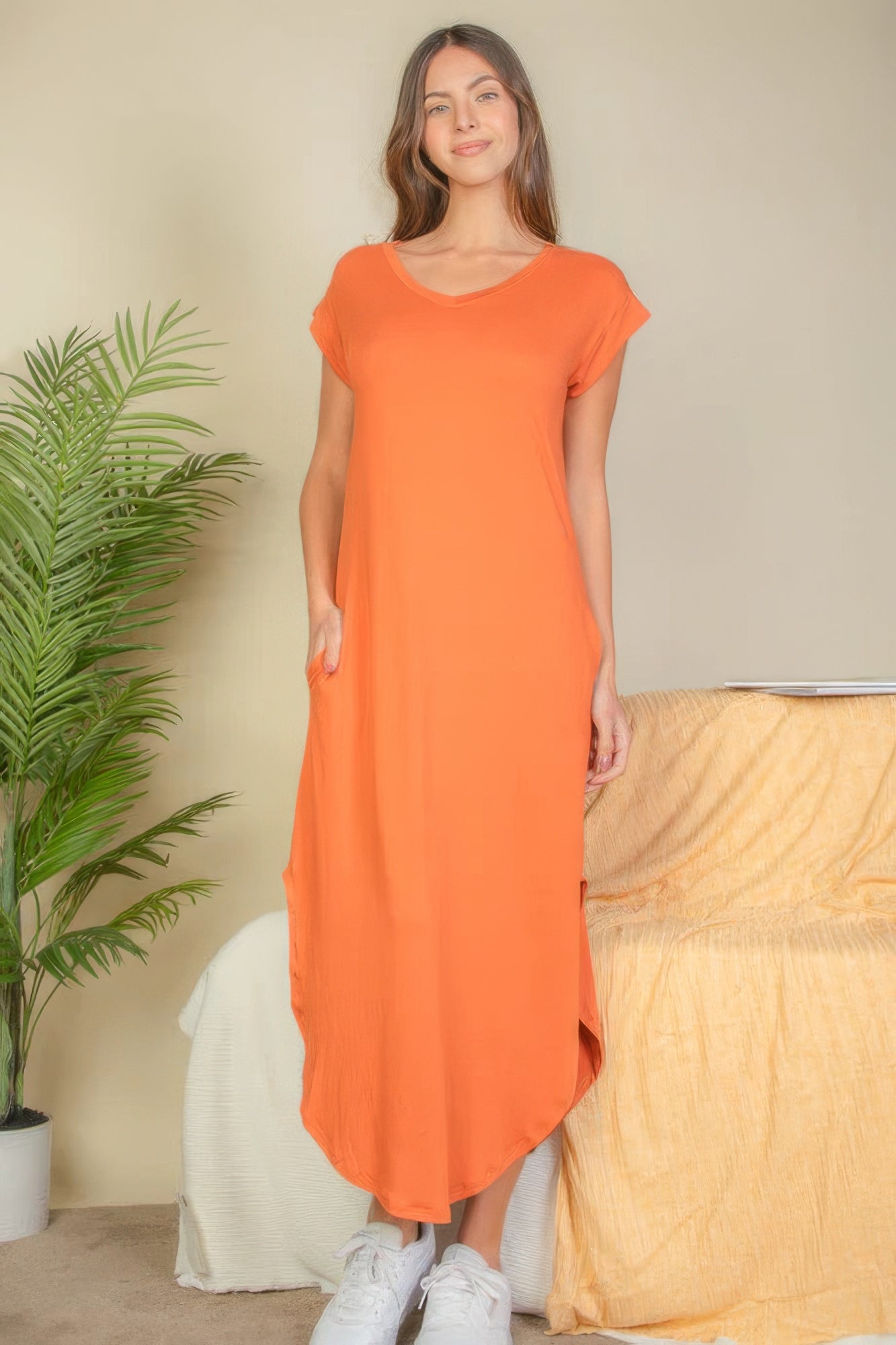 Mango Hidden Pocket Batwing Sleeve V Neck Long Dress