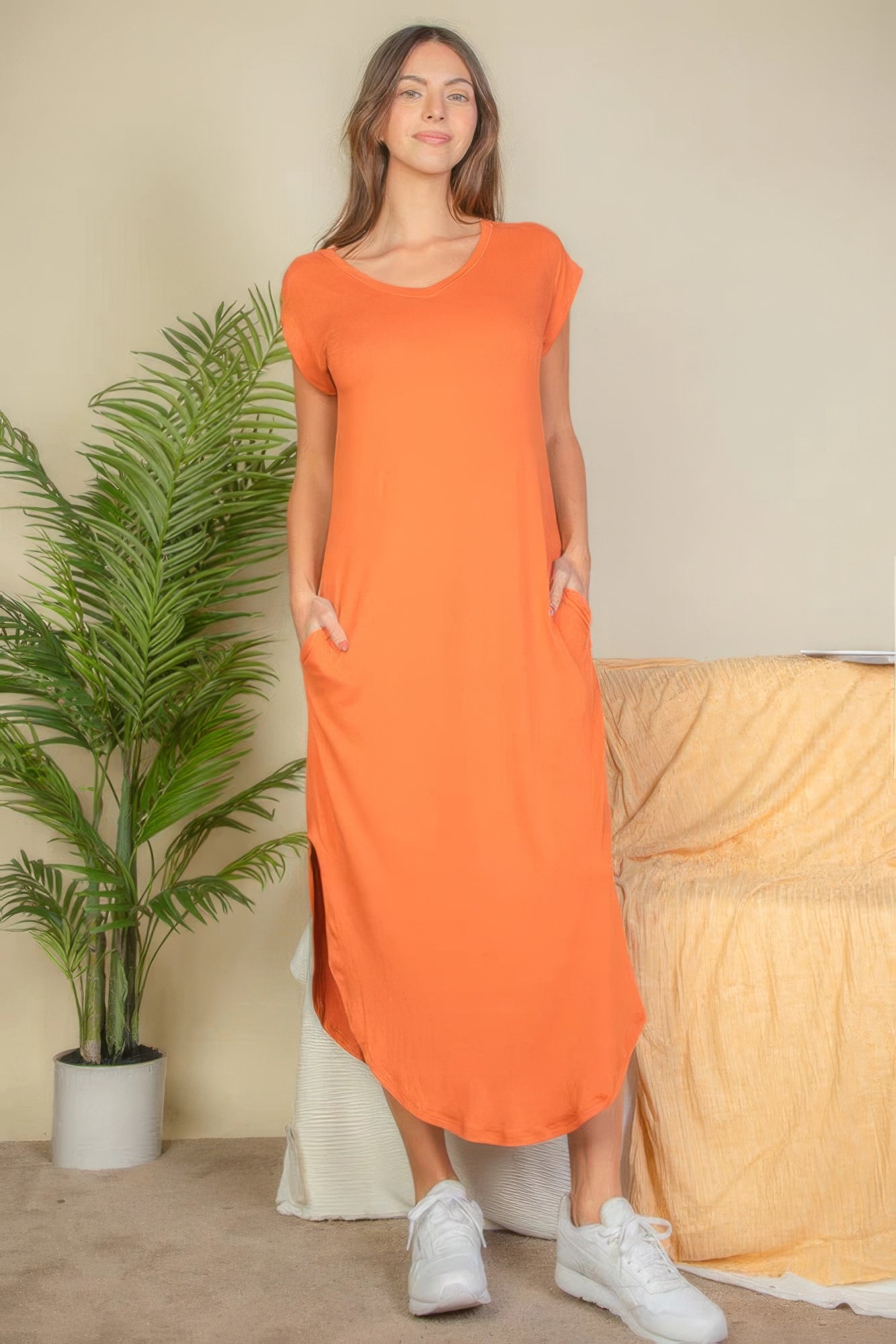 Mango Hidden Pocket Batwing Sleeve V Neck Long Dress