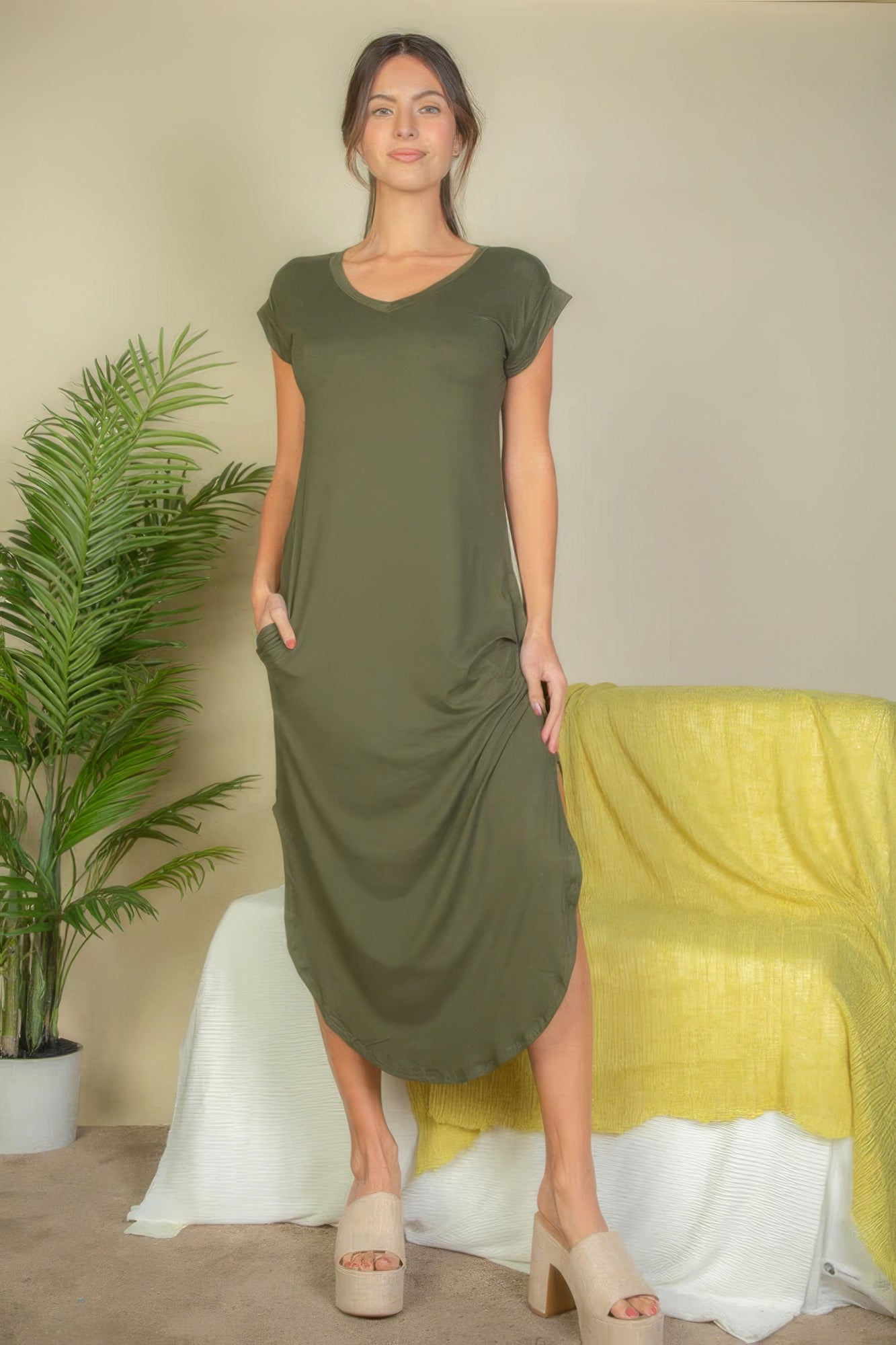 Olive Hidden Pocket Batwing Sleeve V Neck Long Dress