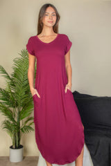 Burgundy Hidden Pocket Batwing Sleeve V Neck Long Dress