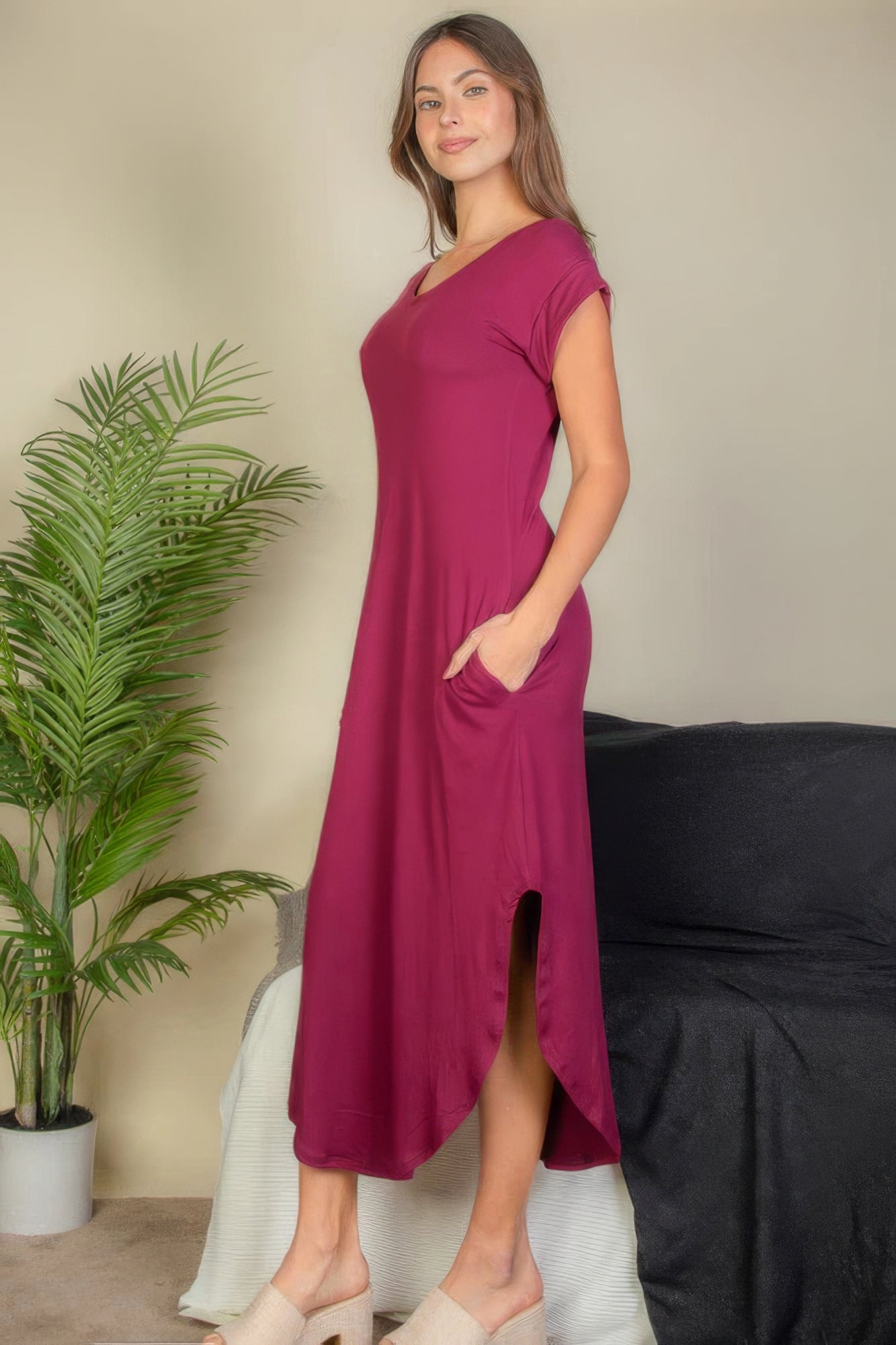 Burgundy Hidden Pocket Batwing Sleeve V Neck Long Dress