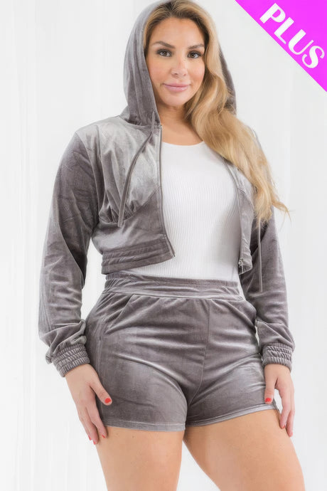 Plus Size Velour Crop Zip Up Hoodie And Shorts Set